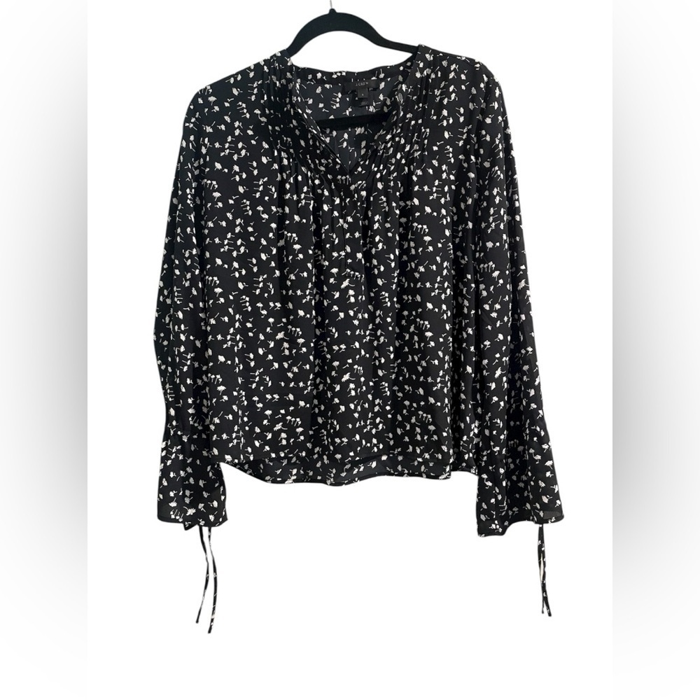 J Crew Black V Neck White Floral Tie Sleeve Blouse with Button Detail Small